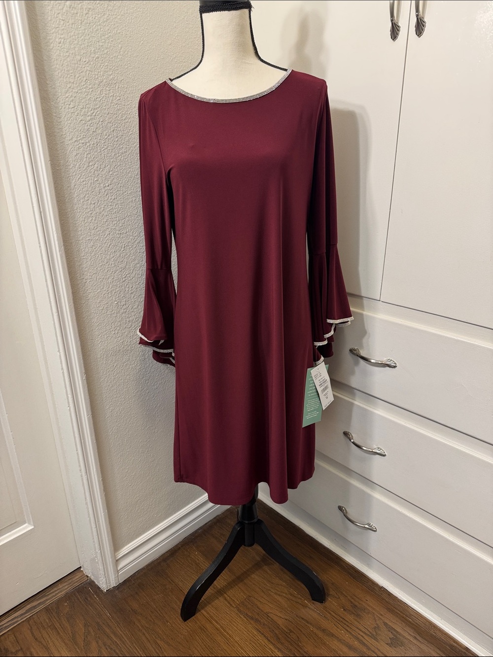 NWT MSK Women's Burgundy Ruffle Sleeve Shift Dress with Rhinestones